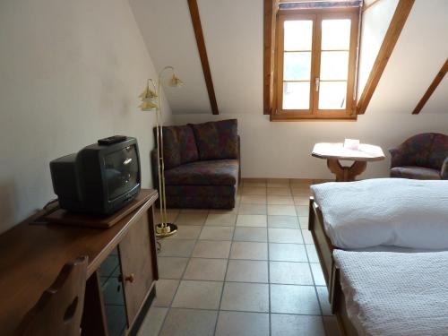 een kamer met een tv en een bed en een bank bij Gasthof Löwen in Wisen