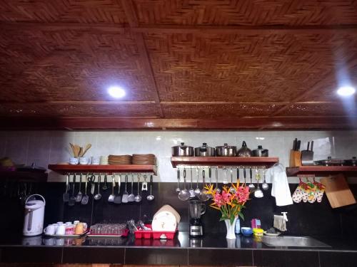 a kitchen with a counter with utensils on the wall at Hidden Tourist Inn in Mambajao