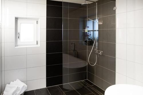 a bathroom with a shower with a glass door at Landhaus Constantin Luxus-Appartments in Berchtesgaden