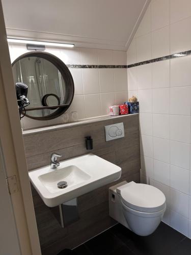 a bathroom with a sink and a toilet and a mirror at Bed and Breakfast Goes in Goes