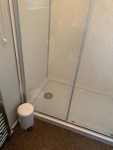 a bathroom with a shower with a toilet in it at The Hideaway in Hockering