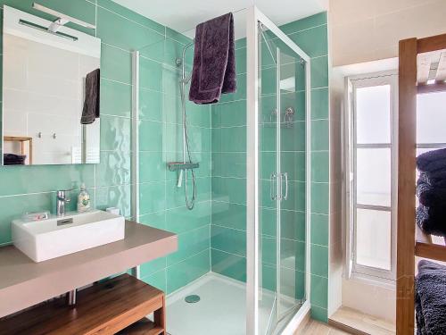un baño con lavabo y ducha en Apartment Carcasses, en Carcassonne
