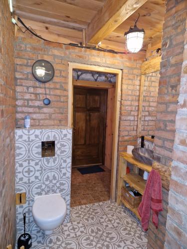 a bathroom with a toilet and a sink at Harcówka in Miękisz Nowy
