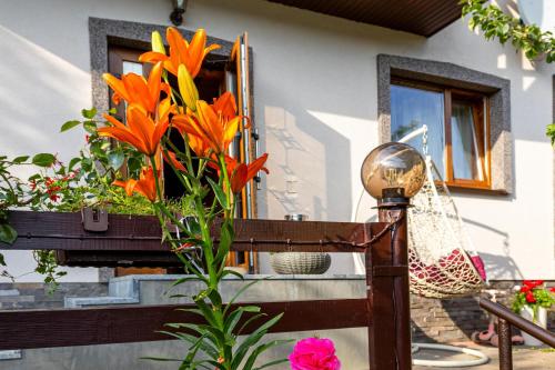 a flower box with orange flowers in a window at Smerichka in Bukovel