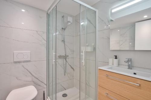 une salle de bain avec douche et lavabo dans l'établissement Cozy Moderne - Studio rénové 4p, à Bois-dʼArcy