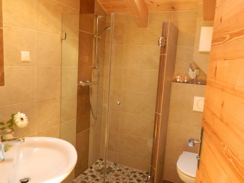uma casa de banho com um chuveiro e um lavatório. em Haus Schwaiger em Bad Hofgastein