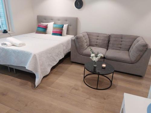a bedroom with a bed and a couch and a table at Nice apartment in Växjö in Växjö