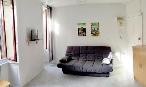 d'un salon avec un canapé et une télévision. dans l'établissement STUDIO Centre Ville, à Aurillac