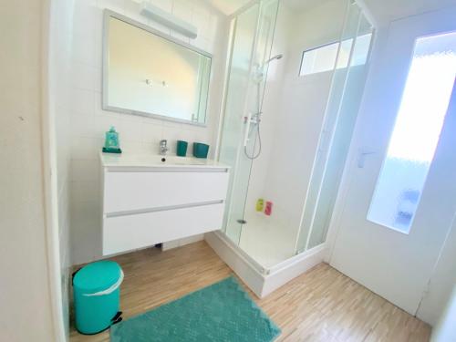 une salle de bain avec un lavabo et une douche dans l'établissement Beau T3 à proximité du centre, 2 ch, 3 lits, à Brest