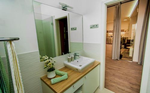 une salle de bains avec un lavabo et un miroir dans l'établissement Laksa Apartments, à Budapest
