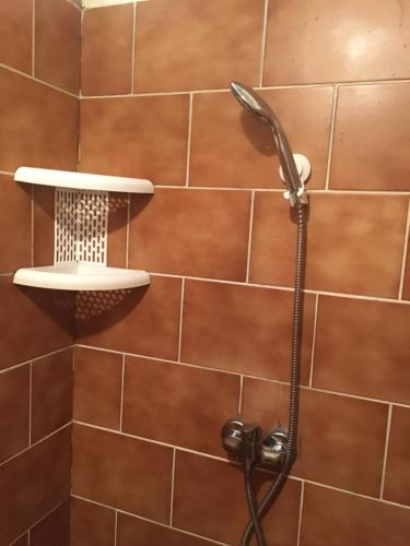 a shower with a shower head on a brown tiled wall at Skromné letní retro ubytování pro dospělé in Horní Město