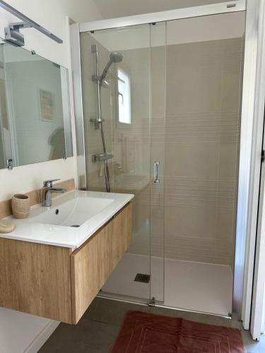 une salle de bain avec un lavabo et une douche dans l'établissement Bastidon Résidence les Alpilles, à Saint-Rémy-de-Provence