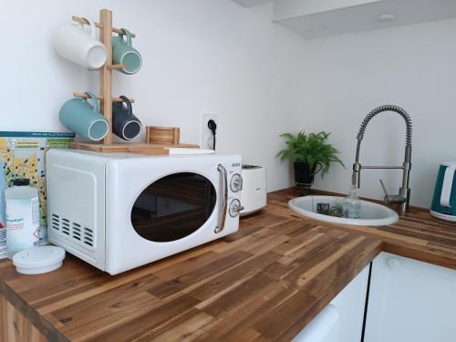 un four micro-ondes installé au-dessus d'un comptoir de cuisine dans l'établissement Havre de paix coeur de Vichy, à Vichy