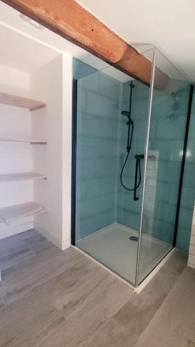 - une douche en verre dans une chambre avec plafond dans l'établissement La Gruissanaise, à Gruissan