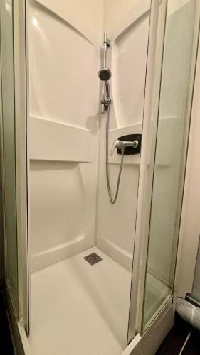 une douche dans une salle de bain avec une porte vitrée dans l'établissement Appartement calme et cosy - Proche centre, à Rouen