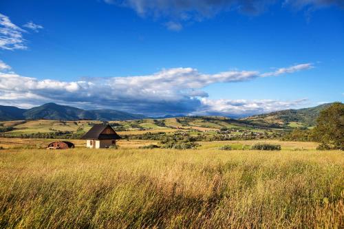 an old barn in a field with mountains in the background at Chalúpka Slnečnica in Brezno