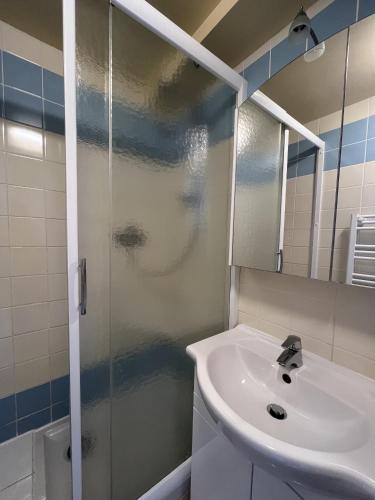 une salle de bain avec un lavabo et une douche dans l'établissement L'esplanade, à Saint-Jean-de-Monts