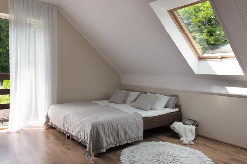 a bedroom with a bed in a attic with a window at Zielone Wzgórze in Duszniki Zdrój