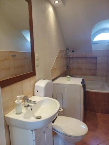 ソポトにあるApartament na poddaszuの洗面台、トイレ、浴槽を備えたバスルーム