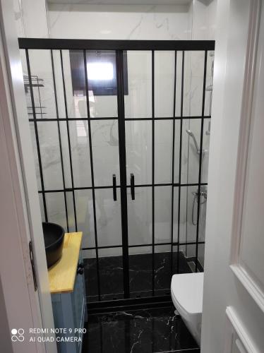 a bathroom with a shower with black metal bars at mila's home in Seferihisar
