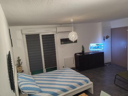 une chambre avec un lit et une télévision dans une pièce dans l'établissement SMV Studio, à Saint-Martin-du-Var
