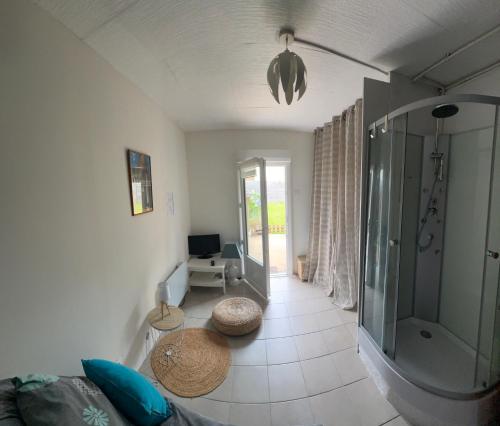 - un salon avec une douche en verre et un canapé dans l'établissement Studio Chez Coco, à Fouesnant