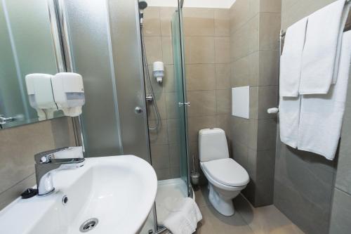 a bathroom with a sink and a toilet and a shower at Aquadar in Manʼkivka