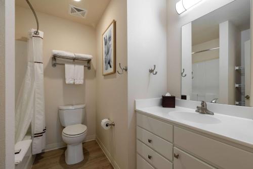 a bathroom with a sink and a toilet and a mirror at WaterWalk Extended Stay by Wyndham Wichita in Wichita