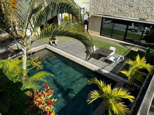 Una vista aérea de una piscina con palmeras. en Residence Bel été, en Trou aux Biches