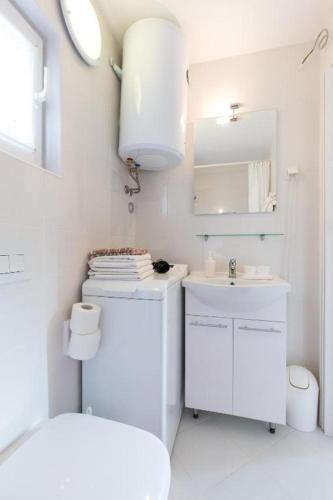 a white bathroom with a sink and a mirror at Bernarda in Skrbčići