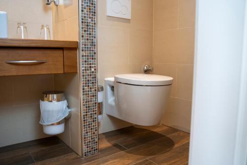 a bathroom with a toilet and a tile wall at Hotel Unter den Linden in Rüdesheim am Rhein
