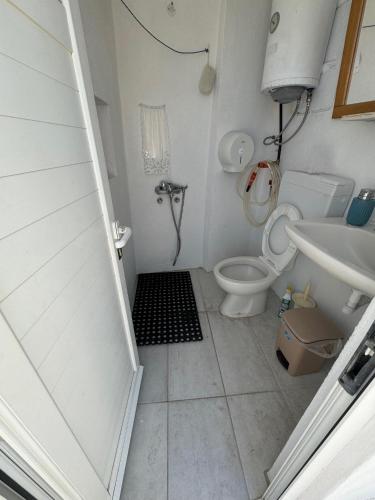 a small bathroom with a toilet and a sink at Cycladic house with amazing view in Potamia village in Dhió Kkhoriá