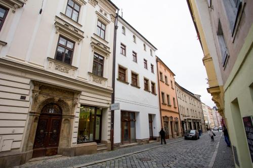 a cobblestone street in a city with buildings at Apartment Ztracená 8 in Olomouc