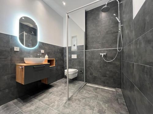 a bathroom with a shower and a sink and a toilet at Loft Neunkirchen LA in Neunkirchen am Brand