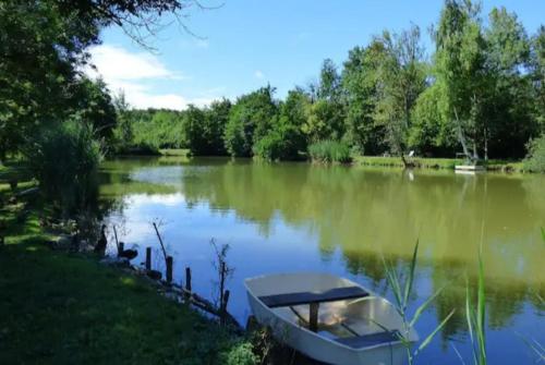a boat sitting on the side of a lake at Cabane insolite in Saint-Victor-de-Morestel