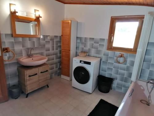 une salle de bain avec une machine à laver et un lavabo dans l'établissement Le Murier en Ardèche, 10 personnes, avec sauna, à Saint-Marcel-dʼArdèche