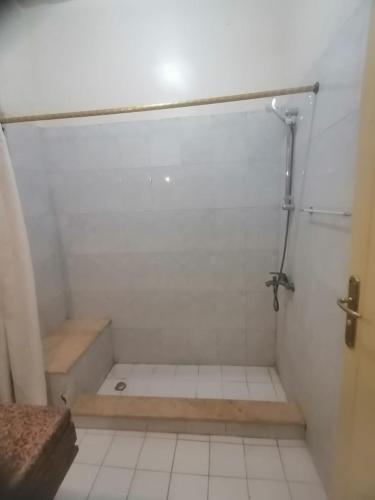 a bathroom with a shower with a tiled floor at Rezeiky Hotel & Camp in Luxor