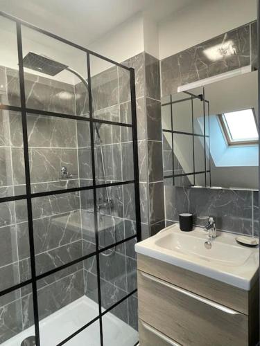 une salle de bain avec une douche, un lavabo et un miroir dans l'établissement breizh sweet home, à Treffendel