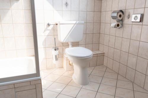 a white bathroom with a toilet and a shower at Hotel Unter den Linden in Rüdesheim am Rhein