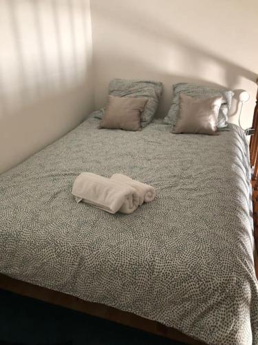 - un lit avec une serviette et 2 oreillers dans l'établissement Logement Climatisé au cœur quartier de Jonquière, à Martigues