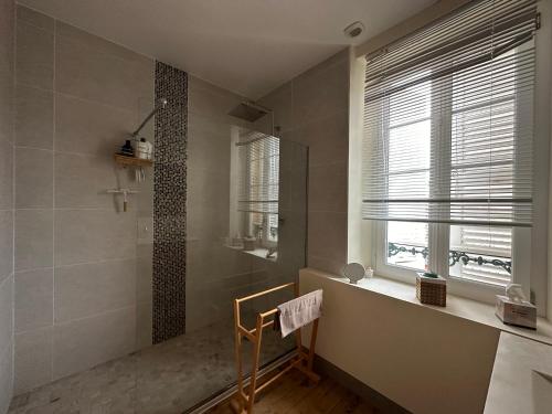 La salle de bains est pourvue d'une douche et d'une fenêtre. dans l'établissement Le Jardin Secret - Maison de location saisonnière, à Écos