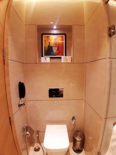 a bathroom with a toilet and a mirror at Best Western Vrindavan in Vrindāvan