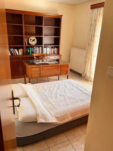 a bedroom with a desk and a bed in a room at Nea Peramos Apartment-1 in Néa Péramos