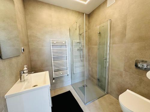 a bathroom with a shower and a sink and a toilet at Na Poczatku - Apartamenty in Darłowo