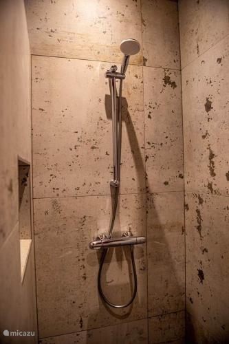 a shower in the corner of a bathroom at Erve Schuurboer in Tilligte