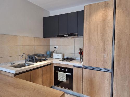 a kitchen with a sink and a stove top oven at Forest View Apartments in Kololi