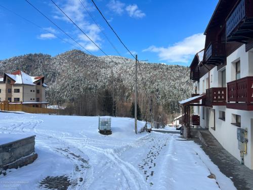 eine schneebedeckte Straße vor einem Gebäude in der Unterkunft Art'e Boutique Rooms in Băile Tuşnad