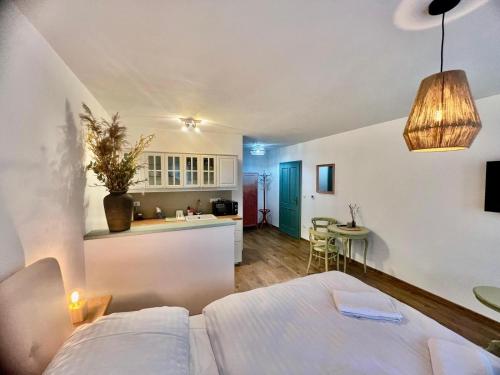 a small room with a bed and a kitchen at Soul Apartments Mikulov in Mikulov