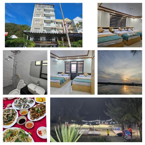 a collage of photos of a hotel with beds and food at Quan Lan Nam Phong Hotel in Quan Lạn