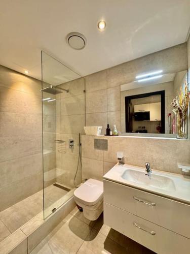 a bathroom with a shower and a toilet and a sink at Luxury Studio Suite 10 mins from Kotoka Airport Accra in Accra